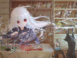 Rule 34 | 1girl, ahoge, ayaxno, black cat, bookshelf, bottle, capelet, cat, erlenmeyer flask, flask, floating hair, glass bottle, grey hair, hair between eyes, highres, holding, indoors, long hair, long sleeves, magic, open mouth, original, pointy ears, red eyes, shelf, solo, table, tablecloth, upper body, water, white hair