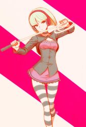 Rule 34 | 1girl, breasts, choker, cropped jacket, green eyes, green hair, headphones, holding, holding weapon, holding whip, light green hair, looking at viewer, phonon (under night in-birth), short hair, skirt, small breasts, solo, striped, striped background, striped leggings, tb (spr1110), under night in-birth, under night in-birth exe:late[st], weapon, whip