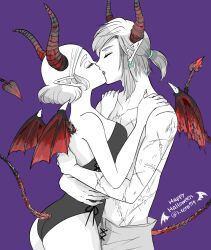 Rule 34 | ass, bare shoulders, breasts, closed eyes, couple, cowboy shot, demon boy, demon girl, demon horns, demon tail, demon wings, earrings, english text, face-to-face, facing another, fingernails, french kiss, from side, hands on another&#039;s shoulders, happy halloween, hetero, highres, horns, hug, jewelry, kiss, large breasts, leotard, link, monochrome, multiple scars, nintendo, pointy ears, ponytail, princess zelda, purple background, red horns, red tail, red wings, scar, scar on arm, scar on chest, scar on stomach, short hair, sidelocks, simple background, spot color, strapless, strapless leotard, tail, teraichigo, the legend of zelda, topless male, twitter username, wings