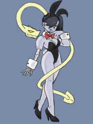 Rule 34 | 1girl, absurdres, animal ears, black leotard, blue skin, bow, bowtie, breasts, colored skin, curvy, detached collar, fake animal ears, grey background, high heels, highleg, highleg leotard, highres, leotard, leviathan (skullgirls), long hair, playboy bunny, ponytail, rabbit ears, rabbit tail, red bow, red bowtie, red eyes, simple background, skullgirls, smile, solo, squigly (skullgirls), tail, toshinoshin, zombie