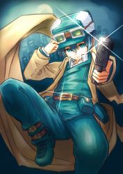 Rule 34 | 00s, 1girl, bad id, bad pixiv id, belt, belt pouch, boots, coat, formal, goggles, goggles on headwear, green eyes, green hair, gun, hand on headwear, handgun, hat, jacket, kaneni, kino (kino no tabi), kino no tabi, matching hair/eyes, moon, pistol, pointing, pointing at viewer, pouch, skyline, solo, suit, trigger discipline, weapon