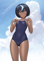 Rule 34 | 1girl, bare shoulders, black hair, blue one-piece swimsuit, blush, breasts, brown eyes, covered navel, dark-skinned female, dark skin, fate/grand order, fate (series), highres, looking at viewer, multicolored hair, one-piece swimsuit, ranma (kamenrideroz), school swimsuit, short hair, small breasts, smile, solo, streaked hair, swimsuit, wandjina (fate)