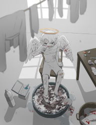 Rule 34 | 1boy, absurdres, angel, angel wings, avogado6, bandaged head, bandaged wings, bandages, bandaid, bandaid on knee, bandaid on leg, basin, black eyes, blood, blood on clothes, candy, chair, commentary request, feathered wings, food, halo, highres, holding, holding candy, holding food, holding lollipop, jitome, laundry, lollipop, looking at viewer, male focus, midriff, navel, original, scissors, short shorts, shorts, solo, white shorts, wings
