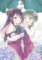 Rule 34 | 10s, 2girls, :d, black hair, braid, eyebrows, flower, gayarou, green eyes, green hair, hair flower, hair ornament, hair ribbon, hand on another&#039;s hip, hydrangea, jpeg artifacts, kantai collection, multicolored hair, multiple girls, naganami (kancolle), open mouth, outdoors, pink hair, rain, ribbon, shared umbrella, short hair, side-by-side, smile, takanami (kancolle), teruterubouzu, thick eyebrows, umbrella