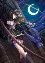 Rule 34 | 1girl, adsouto, ass, asymmetrical clothes, backless dress, backless outfit, black hair, bloodstained: ritual of the night, blue eyes, body jewelry, body markings, boots, breasts, brown hair, crescent moon, crystal, detached sleeves, dress, gauntlets, glowing, gradient hair, highres, horns, jewelry, large breasts, miriam (bloodstained), moon, multicolored hair, night, scarf, shiny skin, short hair, shorts, sideboob, single gauntlet, solo, tattoo, whip