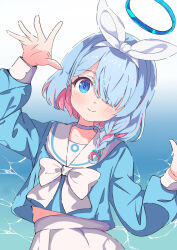 Rule 34 | 1girl, arona (blue archive), blue archive, blue eyes, blue hair, blush, bow, bowtie, braid, commentary, hair over one eye, hairband, halo, hands up, head tilt, highres, looking at viewer, midriff peek, multicolored hair, notice miura, one eye covered, pink hair, pleated skirt, school uniform, serafuku, skirt, smile, solo, two-tone hair, white bow, white bowtie, white hairband, white skirt