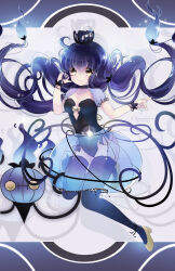 Rule 34 | 1girl, ahoge, artist name, ayasal, black choker, black leotard, black thighhighs, black wrist cuffs, blue fire, blue nails, blue skirt, blue sleeves, blush, bow, breasts, bubble skirt, chandelier, chandelure, choker, closed mouth, collarbone, commentary, completion time, creatures (company), crossed bangs, crown, dot nose, english commentary, eyelashes, fingernails, fire, floating, floating hair, full body, game freak, gen 5 pokemon, hand on own ear, high heels, highres, jewelry, leotard, long hair, looking at viewer, low twintails, medium breasts, midair, nintendo, painttool sai (medium), personification, photoshop (medium), pointing, pointing to the side, pokemon, pokemon (creature), purple bow, purple hair, see-through, see-through skirt, short sleeves, skirt, smile, solo, sparkle, thighhighs, twintails, very long hair, wrist cuffs, yellow eyes, yellow footwear