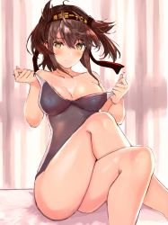 Rule 34 | 1girl, ahoge, ass, bare shoulders, blush, breasts, brown hair, cleavage, collarbone, commentary request, competition swimsuit, crossed legs, eriyama e, green eyes, hachimaki, hair flaps, hatsuzuki (kancolle), headband, highres, kantai collection, medium breasts, medium hair, one-piece swimsuit, shiny skin, sidelocks, sitting, solo, swimsuit, thighs, translation request, undressing