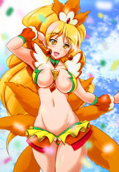Rule 34 | 10s, 1girl, adapted costume, alternate form, blonde hair, blush, breasts, brooch, choker, cowboy shot, cure honey, cure honey (coconut samba), earrings, feathers, female pubic hair, hair ornament, happinesscharge precure!, heart, heart brooch, highres, jewelry, large breasts, long hair, looking at viewer, multicolored background, navel, oomori yuuko, orange theme, outstretched arms, precure, pubic hair, smile, solo, spread arms, tamo (nama-yatsuhashi), wavy hair, yellow eyes