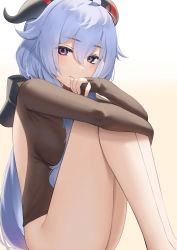 Rule 34 | 1girl, absurdres, alternate costume, bare legs, blue hair, blush, closed mouth, from side, ganyu (genshin impact), genshin impact, goat horns, gradient background, highres, horns, knees up, long hair, long sleeves, looking at viewer, looking to the side, lordol, purple eyes, simple background, sitting, solo, thighs, yellow background