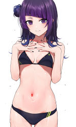 Rule 34 | 1girl, asymmetrical bangs, bikini, black bikini, black nails, blue hair, blunt bangs, breasts, closed mouth, cowboy shot, diagonal stripes, gin00, gluteal fold, hair bun, halterneck, hand on own chest, hands up, highres, idolmaster, idolmaster shiny colors, long hair, looking at viewer, medium breasts, multicolored hair, nail polish, purple eyes, purple hair, simple background, skindentation, smile, solo, stomach, streaked hair, striped, swimsuit, tanaka mamimi, two-tone hair, wet, white background
