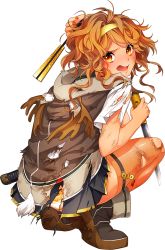 Rule 34 | 1girl, brown hair, hand fan, full body, hairband, holding, holding fan, holding weapon, long hair, looking at viewer, masamune hinata kachina, nail polish, official art, open mouth, orange eyes, pleated skirt, shinken!!, simple background, skirt, solo, squatting, thighhighs, torn clothes, weapon, white background
