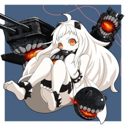 Rule 34 | &gt;:(, 10s, 1girl, abyssal ship, ahoge, bare legs, barefoot, colored skin, dress, feet, frown, gon (gontarou), horns, kantai collection, long hair, looking at viewer, machinery, mittens, northern ocean princess, orange eyes, solo, v-shaped eyebrows, white dress, white hair, white skin
