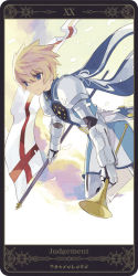 Rule 34 | 00s, 1boy, armor, blonde hair, blue eyes, cape, expressionless, flag, flynn scifo, gloves, instrument, judgement (tarot), male focus, md5 mismatch, motoko (ambiy), resolution mismatch, rounded corners, solo, source larger, tales of (series), tales of vesperia, tarot, tarot (medium), trumpet