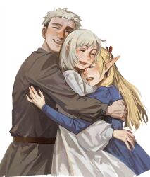Rule 34 | 1boy, 2girls, ^ ^, blonde hair, blue dress, braid, brother and sister, closed eyes, cocointhejar, commentary, crying, dress, dungeon meshi, elf, english commentary, facing to the side, facing viewer, falin touden, falin touden (tallman), french braid, grey hair, grey shirt, group hug, hair ribbon, half updo, hand on another&#039;s back, happy, highres, hug, juliet sleeves, laios touden, long hair, long sleeves, marcille donato, multiple girls, nightgown, open mouth, pointy ears, puffy sleeves, ribbon, sandwiched, shirt, short hair, siblings, simple background, sleepwear, spoilers, tears, upper body, white background