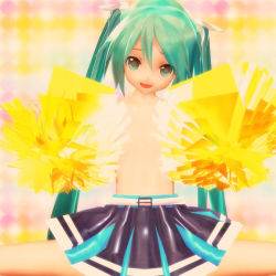Rule 34 | 00s, 1girl, 3d, aqua eyes, aqua hair, censored, censored nipples, cheerleader, convenient censoring, flat chest, hatsune miku, long hair, looking at viewer, matching hair/eyes, open mouth, pom pom (cheerleading), skirt, smile, solo, spread legs, standing, topless, touka1014, twintails, vocaloid