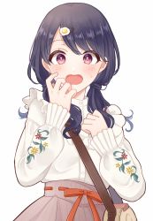 Rule 34 | 1girl, bag, blush, egg hair ornament, fangs, floral print, food-themed hair ornament, food themed hair ornament, frilled shirt, frills, fukumaru koito, hair ornament, hairpin, hands up, idolmaster, idolmaster shiny colors, long sleeves, looking at viewer, mhn, puffy long sleeves, puffy sleeves, shirt, shoulder bag, simple background, solo, surprised, sweatdrop, twintails, upper body, white background
