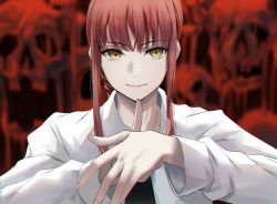 Rule 34 | 1girl, black necktie, braid, braided ponytail, chainsaw man, closed mouth, collared shirt, commentary, crossed bangs, dress shirt, eyelashes, fingernails, formal, hands up, highres, long hair, long sleeves, looking at viewer, makima (chainsaw man), necktie, nicky w, office lady, red background, red hair, ringed eyes, shirt, sidelocks, skull, smile, solo, upper body, white shirt, wing collar, yellow eyes