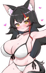 Rule 34 | 1girl, animal ears, armpits, bikini, black hair, blush, breasts, brown eyes, commentary request, front-tie bikini top, front-tie top, hair ornament, heart, highres, hololive, huge breasts, kani bonara, long hair, looking at viewer, multicolored hair, navel, ookami mio, red hair, side-tie bikini bottom, simple background, skindentation, smile, solo, strap gap, streaked hair, swimsuit, tail, virtual youtuber, white background, white bikini, wolf ears, wolf girl, wolf tail