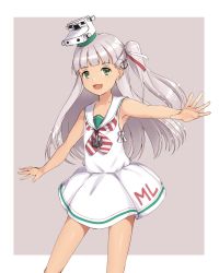 Rule 34 | absurdres, aidesa, anchor hair ornament, bad id, bad pixiv id, blush, dress, green eyes, grey background, grey hair, hair ornament, highres, kantai collection, long dress, long hair, looking at viewer, maestrale (kancolle), neckerchief, open mouth, sailor collar, school uniform, side ponytail, simple background, smile, solo, striped neckerchief, striped neckwear
