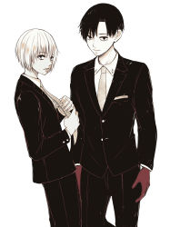 Rule 34 | 1boy, 1girl, absurdres, bad id, bad pixiv id, collared shirt, commentary request, crossdressing, from side, gloves, greyscale, highres, jacket, long sleeves, looking at viewer, monochrome, mutsuki tooru, necktie, pants, shirt, short hair, simple background, smile, tokyo ghoul, tokyo ghoul:re, toukaairab, urie kuki, white background