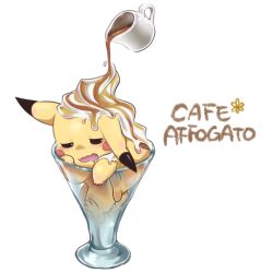 Rule 34 | coffee, cream, creatures (company), cup, drooling, food, food focus, food on head, game freak, gen 1 pokemon, glass, in container, in cup, mouse (animal), nintendo, no humans, object on head, open mouth, pikachu, pokefood, pokemon, pokemon (creature), pouring