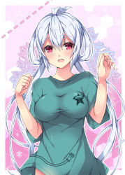 Rule 34 | 1girl, :d, ahoge, blush, breasts, eyebrows, green shirt, hands up, large breasts, long hair, matoi (pso2), milkpanda, open mouth, phantasy star, phantasy star online 2, pink background, red eyes, shirt, short sleeves, silver hair, smile, solo, t-shirt, twintails, upper body