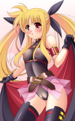 Rule 34 | 00s, 1girl, belt, blonde hair, blush, breasts, cape, censored, fate testarossa, fate testarossa (movie 1st form), gloves, hair ribbon, long hair, lyrical nanoha, mahou shoujo lyrical nanoha, medium breasts, narutaki shin, nipples, pussy, red eyes, ribbon, see-through, solo, thighhighs, twintails