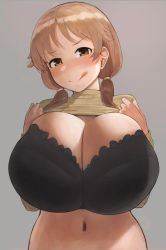 Rule 34 | 1girl, :q, absurdres, alternate breast size, black bra, blush, bra, breasts, brown eyes, brown hair, brown sweater, cleavage, closed mouth, clothes lift, commentary request, gradient background, grey background, hair tie, hands up, head tilt, highres, huge breasts, idolmaster, idolmaster cinderella girls, katagiri sanae, lifted by self, long hair, long sleeves, looking at viewer, low twintails, navel, nose blush, oruka (kamituki0827), smile, solo, standing, stomach, sweater, sweater lift, tongue, tongue out, twintails, underwear, upper body, veins, veiny breasts