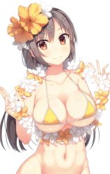 Rule 34 | 1girl, bikini, blush, breasts, brown eyes, brown hair, cleavage, collarbone, copyright request, flower, flower necklace, hair flower, hair ornament, hibiscus, highres, large breasts, lei, long hair, looking at viewer, micro bikini, navel, samegami, simple background, smile, solo, swimsuit, white background, yellow bikini