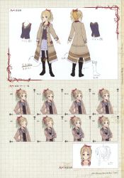 Rule 34 | 1girl, ^ ^, atelier (series), atelier totori, black pantyhose, blonde hair, blue eyes, blush, boots, bow, braid, character sheet, closed eyes, coat, concept art, cuderia von feuerbach, dress, expressions, female focus, hair bow, highres, jewelry, kishida mel, knee boots, multiple views, necklace, non-web source, official art, pantyhose, ribbon, short hair, simple background, smile, wavy hair