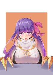 Rule 34 | 1girl, :o, absurdres, armor, blush, breasts, claw (weapon), claws, cosplay, costume switch, dress, covered erect nipples, fate/extra, fate/extra ccc, fate/grand order, fate (series), hair ribbon, highres, huge breasts, japanese armor, japanese clothes, kimono, kusazuri, looking at viewer, open mouth, passionlip (fate), pink eyes, pink ribbon, purple hair, qinshi-ji, ribbon, sideboob, sleeveless, sleeveless dress, sleeveless turtleneck, solo, tomoe gozen (fate) (cosplay), tomoe gozen (fate), tongue, turtleneck, weapon, white kimono
