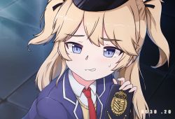 Rule 34 | 1girl, blonde hair, blue eyes, blush, collared shirt, commentary, derivative work, english commentary, girls&#039; frontline, grin, hat, highres, jacket, long hair, meme, necktie, peaked cap, police badge, red necktie, sailor moon redraw challenge (meme), screenshot redraw, shirt, smile, solo, super-shorty (girls&#039; frontline), sweatdrop, sweater vest, twintails, xandier59