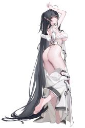Rule 34 | 1girl, absurdly long hair, absurdres, ahoge, alternate costume, arm up, ass, azur lane, back bow, barefoot, black hair, bow, breasts, elf, feet, from side, full body, highres, large breasts, long hair, looking away, looking back, pointy ears, red eyes, revealing clothes, solo, standing, standing on one leg, taihou (azur lane), toes, very long hair, yaoshan shi