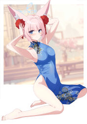 animal_ears barefoot blue_archive blue_dress blue_eyes china_dress chinese_clothes dress eko feet highres looking_at_viewer niko_(blue_archive) no_bra no_panties pink_hair sitting toenails toes