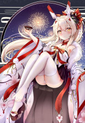 Rule 34 | 1girl, absurdres, alcohol, arlene (ju), ass, ayanami (azur lane), ayanami (pulse of the new year) (azur lane), azur lane, bare shoulders, black hakama, blonde hair, breasts, cat mask, cleavage, commentary request, cup, detached collar, detached sleeves, expressionless, fireworks, full body, hair between eyes, hair ribbon, hakama, hakama short skirt, hakama skirt, headgear, highres, holding, holding cup, japanese clothes, kimono, knees up, legs, legs together, long hair, looking at viewer, mask, mask on head, okobo, panties, ponytail, red ribbon, ribbon, sakazuki, sake, sandals, skirt, small breasts, thighhighs, thighs, underwear, unworn sandal, very long hair, white kimono, white panties, white thighhighs, wide sleeves, yellow eyes