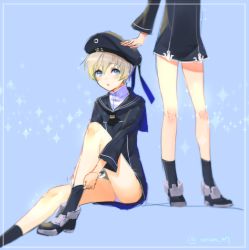 Rule 34 | 10s, 2girls, 4th, :o, bad id, bad pixiv id, beret, blonde hair, blue background, blue eyes, blush, clothes writing, hand on another&#039;s head, hat, kantai collection, long sleeves, looking at another, military, military uniform, multiple girls, open mouth, panties, pantyshot, sailor collar, sailor hat, short hair, sitting, sparkle, standing, twitter username, underwear, uniform, white panties, z1 leberecht maass (kancolle), z3 max schultz (kancolle)