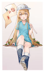 Rule 34 | 10s, 1girl, :d, arm support, black footwear, blue shirt, blush, boots, brown eyes, character name, collarbone, commentary request, flag, flat cap, grey hat, grey shorts, hair between eyes, hand up, hat, hataraku saibou, head tilt, highres, holding, holding flag, light brown hair, long hair, looking at viewer, open mouth, platelet (hataraku saibou), revision, rubber boots, shirt, short shorts, short sleeves, shorts, sitting, smile, solo, very long hair, whistle, yamano (yamanoh)