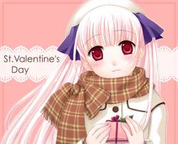 Rule 34 | amanatsu, blush, coat, gift, ginta, long hair, misonogi sakurako, pink hair, red eyes, scarf, solo, valentine