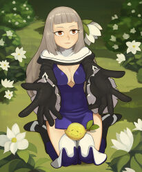 Rule 34 | 1girl, barleyshake, black gloves, blue dress, blunt bangs, bravely default (series), bravely second: end layer, breasts, brown eyes, bush, cleavage, commentary, commission, dress, english commentary, flower, food, fruit, full body, gloves, grass, green theme, grey hair, leaf, lemon, long hair, magnolia arch, medium breasts, plant, sitting, smile, solo, white flower