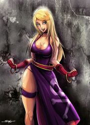 Rule 34 | 1girl, blonde hair, breasts, cleavage, curvy, fatal fury, fingerless gloves, garou: mark of the wolves, gloves, green eyes, highres, jenet behrn, large breasts, legs, long hair, looking at viewer, open mouth, sano br, smile, snk, solo, thighs, thong