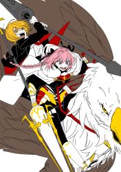 Rule 34 | 1boy, 1girl, absurdres, armor, astolfo (fate), blonde hair, bow, braid, cape, coat, copyright request, don quixote (project moon), fate/grand order, fate (series), fur collar, griffin, hair bow, highres, holding, holding polearm, holding weapon, lance, limbus company, meema (m33m4), necktie, pink hair, polearm, project moon, red necktie, shirt, single braid, weapon, white shirt, yellow eyes