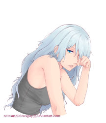 Rule 34 | 1girl, black shirt, blue eyes, covering one eye, highres, looking at viewer, notasuspiciousguy, original, parted lips, saliva, shirt, silver hair, simple background, solo, upper body, watermark, web address, white background