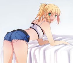 Rule 34 | 1girl, ass, back, bed, belt, bent over, blonde hair, blush, braid, breasts, camisole, casual, contemporary, cutoffs, denim, denim shorts, fate/apocrypha, fate (series), flat chest, french braid, full-face blush, green eyes, highres, long hair, micro shorts, mordred (fate), mordred (fate/apocrypha), mordred (memories at trifas) (fate), ponytail, scrunchie, shorts, small breasts, solo, strapless, tube top, tusia