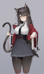Rule 34 | 1girl, animal ears, arknights, artist name, black hair, black pantyhose, black skirt, breasts, cat ears, cat girl, cat tail, collared shirt, cropped jacket, cropped legs, earrings, extra ears, grey background, hair between eyes, high-waist skirt, highres, holding tail, jacket, jewelry, large breasts, long hair, long sleeves, looking at viewer, miniskirt, necktie, open clothes, open jacket, orange eyes, pantyhose, pleated skirt, pre (preecho), red jacket, shirt, simple background, skirt, skyfire (arknights), solo, tail, very long hair, white shirt