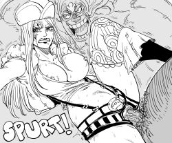 Rule 34 | 1girl, angry, bb (baalbuddy), breasts, breasts out, bulge, cum, cum in pussy, defeat, fat, fat man, forced, highres, jesus burgess, jewelry bonney, large breasts, male pubic hair, marshall d. teach, monochrome, nipples, one piece, penis, pubic hair, pussy, rape, rough sex, shorts, suspenders, ugly man, undershirt