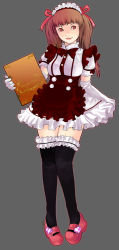 Rule 34 | 1girl, bad id, bad pixiv id, brown eyes, brown hair, elbow gloves, gloves, kusagami style, legs, lips, maid, original, solo, thighhighs, waitress