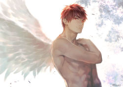 Rule 34 | 1boy, abs, commentary request, eyebrows, hand on own shoulder, jewelry, kagami taiga, kuroko no basuke, looking at viewer, male focus, necklace, red eyes, red hair, short hair, smile, solo, toned, toned male, topless male, torisu, wings