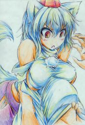 Rule 34 | 1girl, animal ears, bad id, bad pixiv id, blush, breasts, colored pencil (medium), detached sleeves, fang, female focus, hat, highres, inubashiri momiji, kitazinger, red eyes, sideboob, tail, tokin hat, touhou, traditional media, white hair, wolf ears, wolf tail