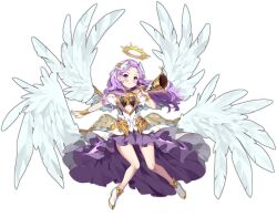 Rule 34 | 1girl, angel, angel wings, ark order, artist request, bandaged arm, bandages, bangs pinned back, bare shoulders, black bra, blue eyes, blush, boots, bra, bracelet, center opening, closed mouth, dress, expressionless, feathered wings, full body, gold trim, halo, head wings, high heel boots, high heels, holding, holding instrument, horn (instrument), instrument, jewelry, long hair, multiple wings, official art, purple hair, raguel (ark order), short sleeves, solo, tachi-e, transparent background, underwear, very long hair, white dress, white footwear, white wings, wings